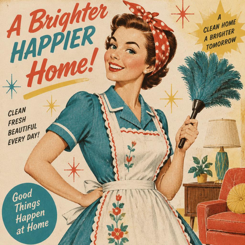 Retro 1950s-style illustration of a smiling housekeeper in a teal dress and scalloped apron holding a feather duster in a tidy living room
